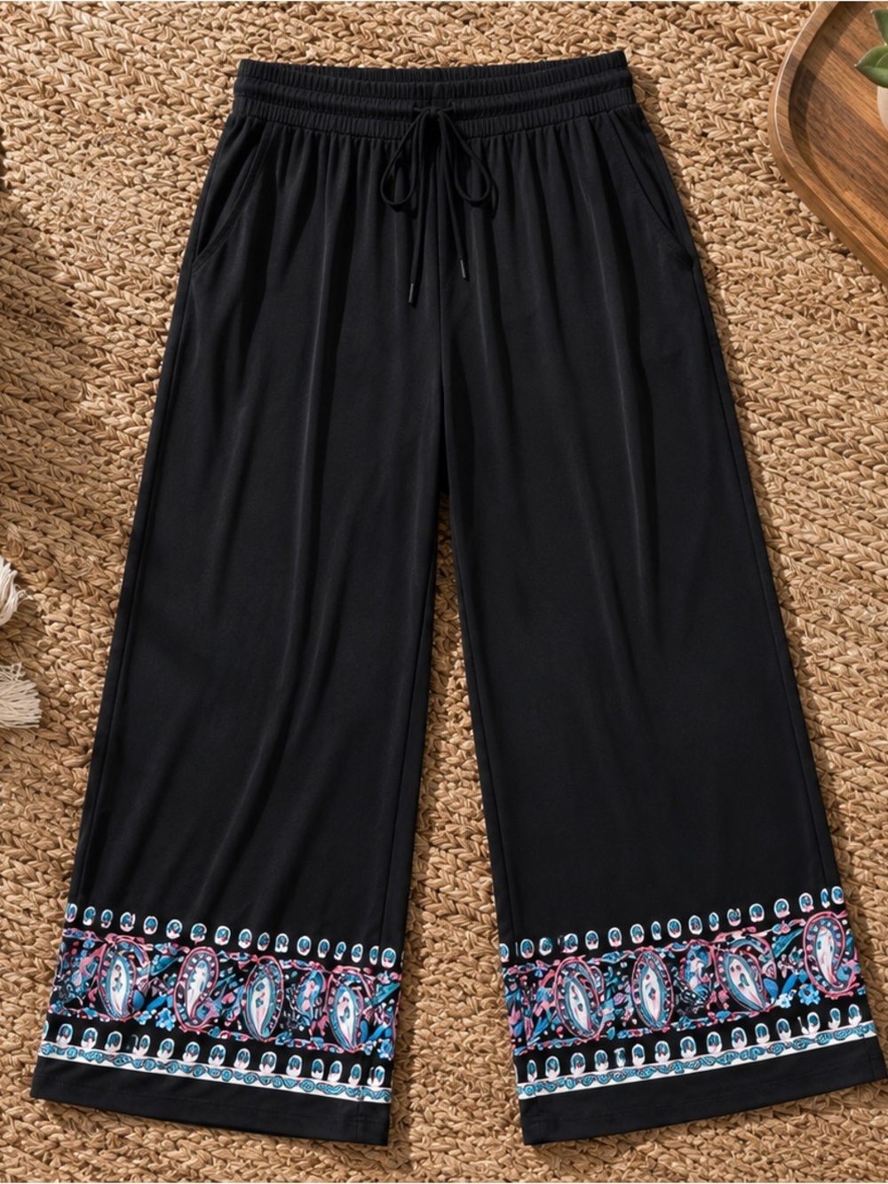 New York & Company Black Wide Leg Lounge Pants with Boho Border Hem | Size Med